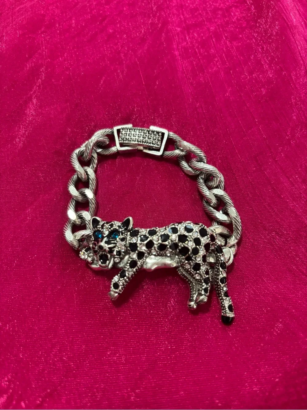 Betsey Johnson Silver tone crystal pave leopard chain bracelet.